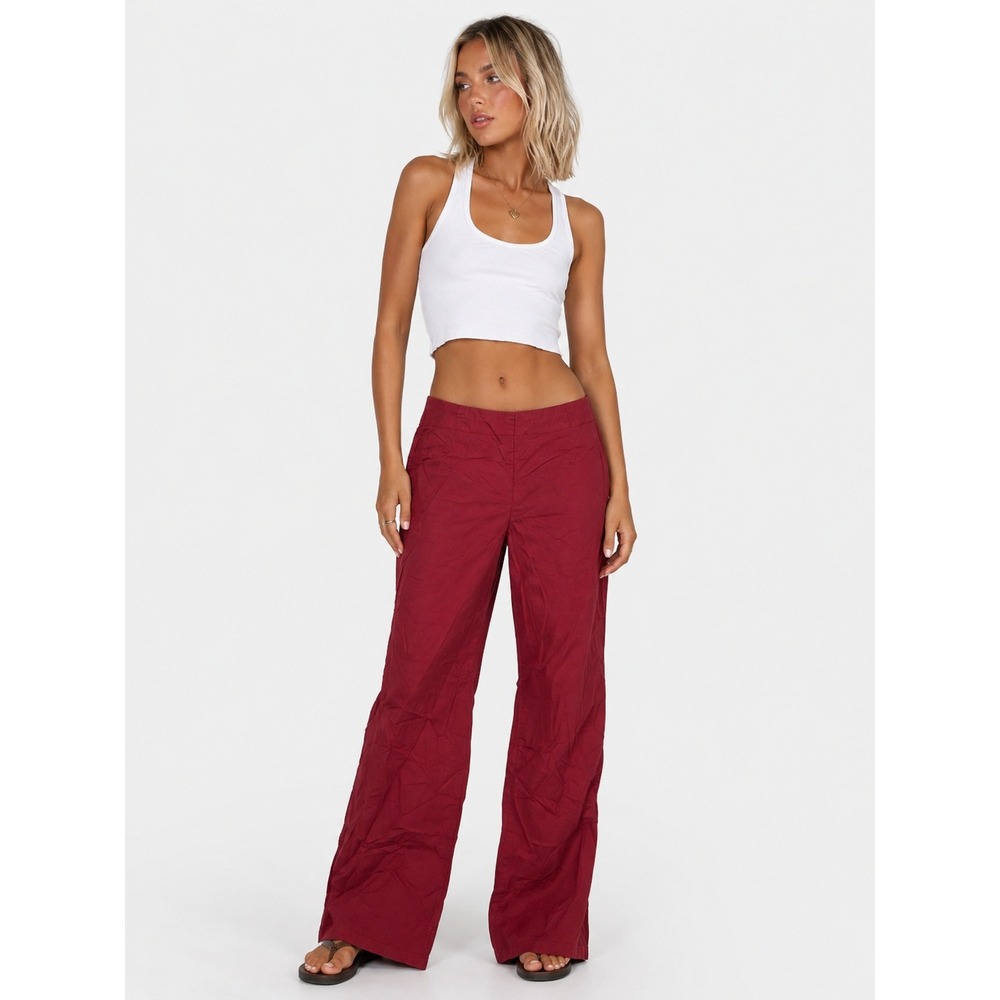 Princess Polly Red Wide Leg 100% Cotton Pants Mid Rise Relaxed Casual Size 0 XS